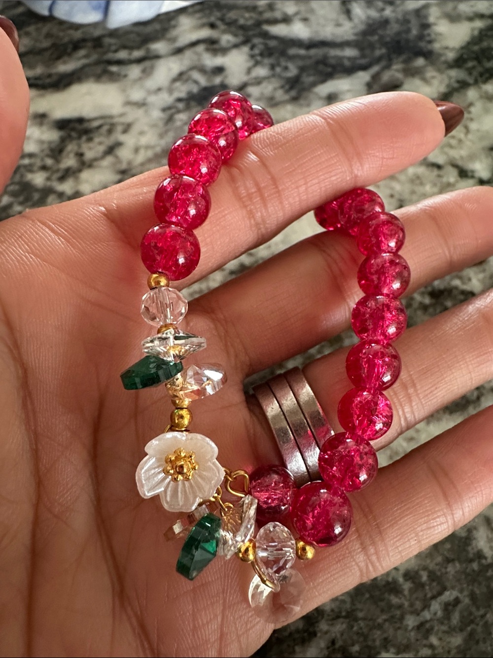 Handcrafted Pink Beaded Floral Charm Bracelet - Unbranded